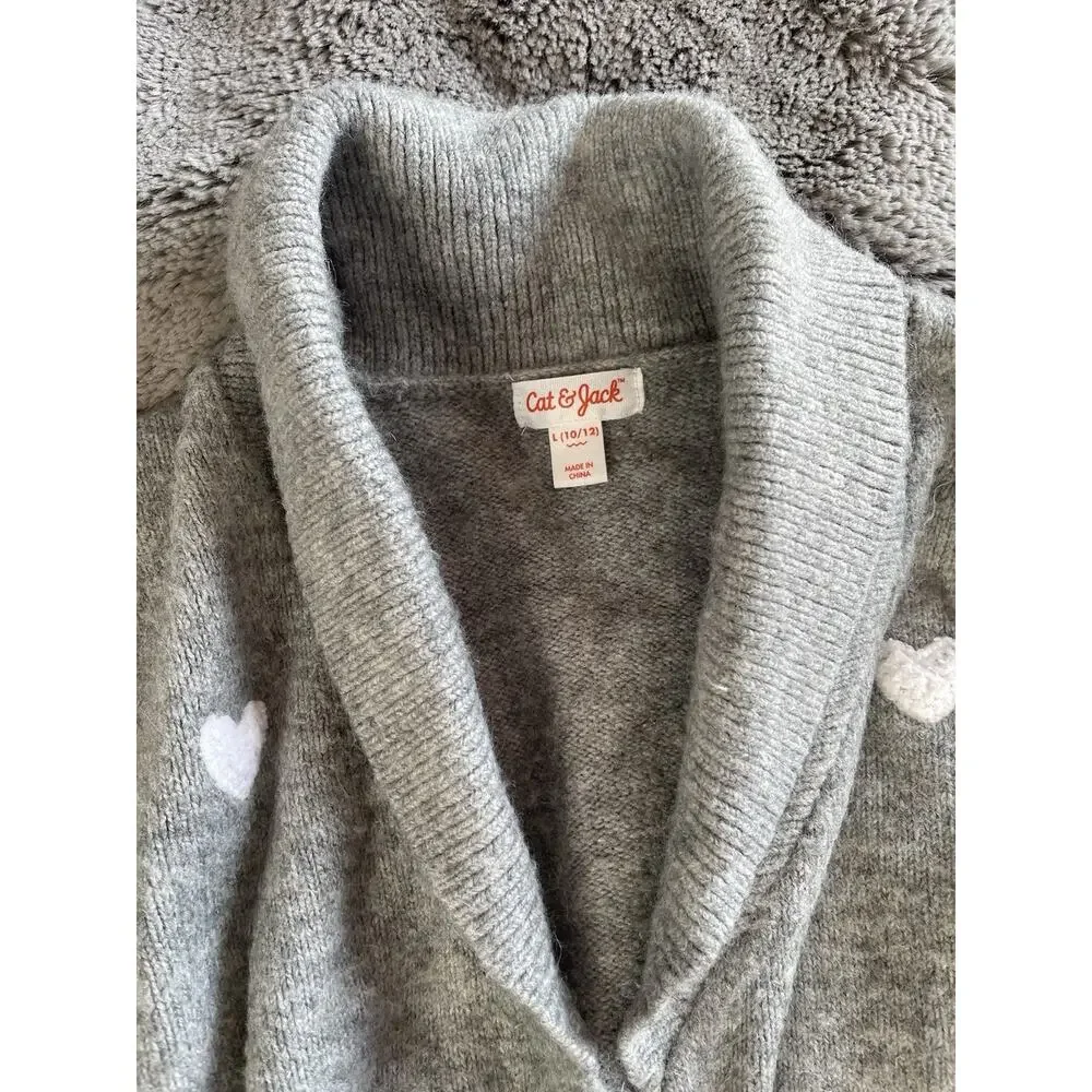 Cat & Jack Cardigan Sweater Girls Size Large 10-12 Open Gray Fleece Heart Dots